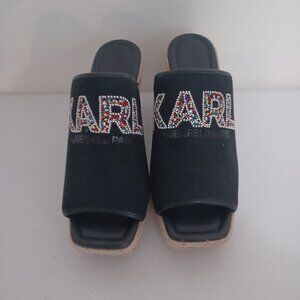 Karl Lagerfeld Cayman Logo Black Espadrille Wedge Sandals Size 9.5 NEW
